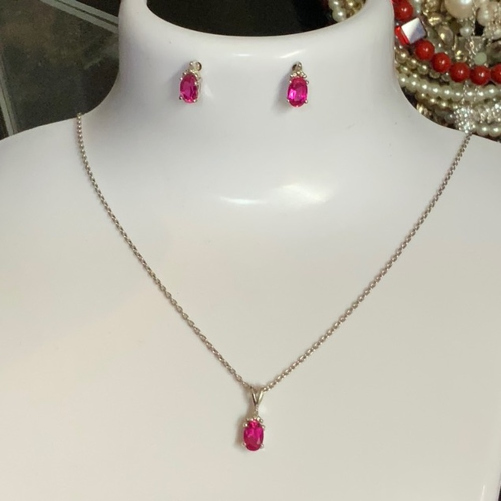 Ruby Sterling Silver Necklace And Earrings - image 1